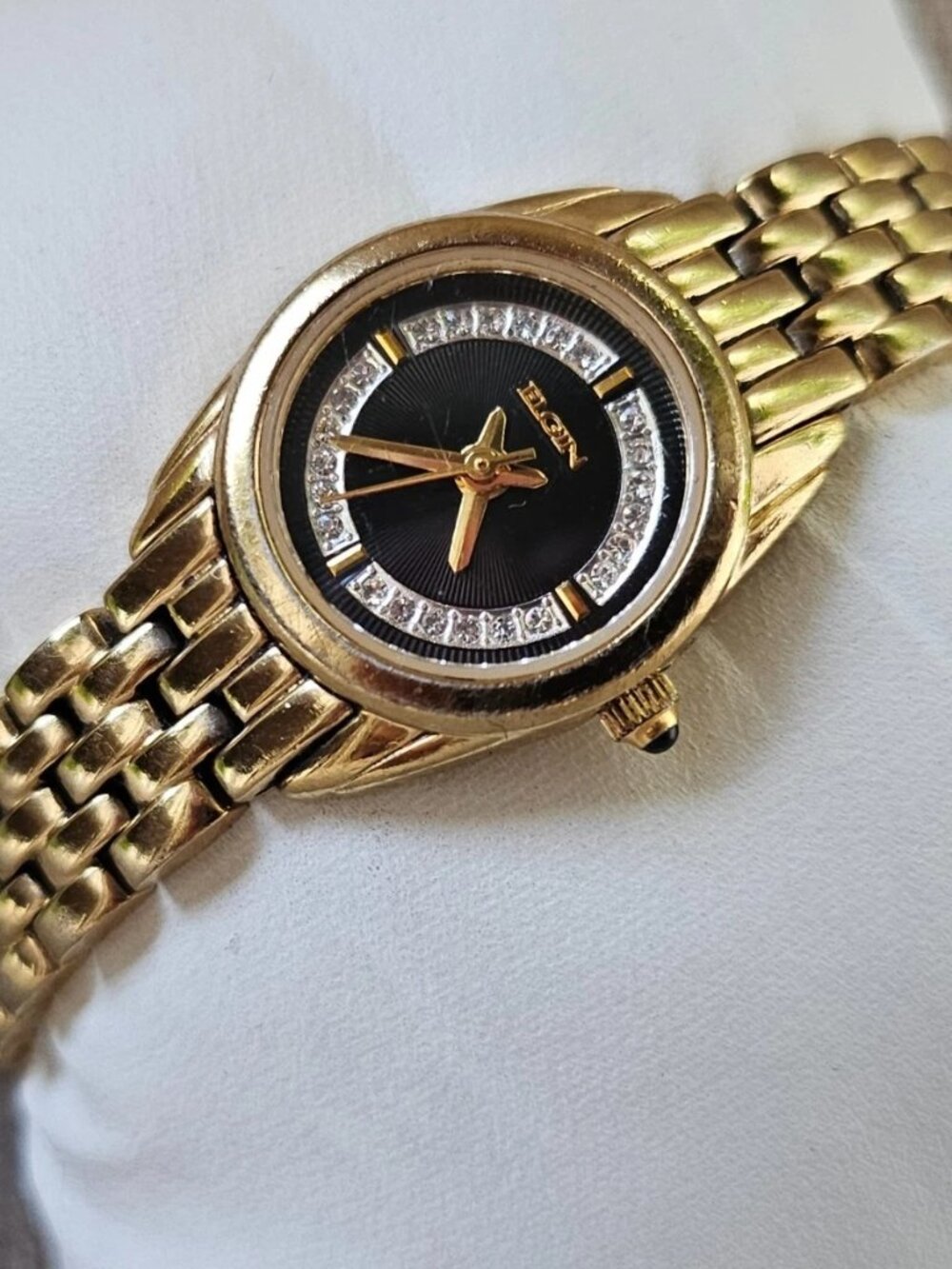 Vintage Elgin Women Wristwatch Crytal Accent Face Gold Tone Analog Wrist Watch